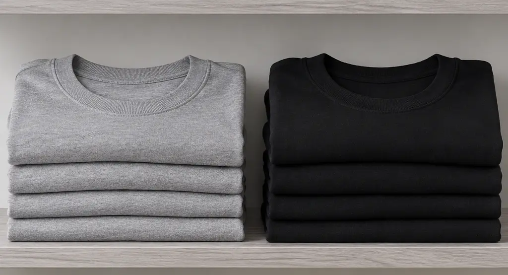 Gefaltete Shirts in neutralen Farben, nebeneinander gelegt