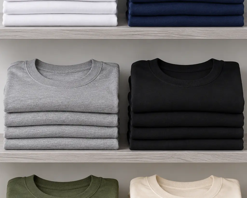 Gestapelte Basic-Shirts in sechs Farben auf einem Regal